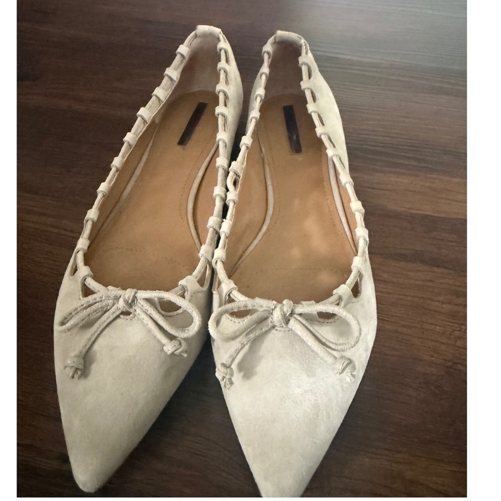 Tahari Suede Leather Scalloped Bow Flats